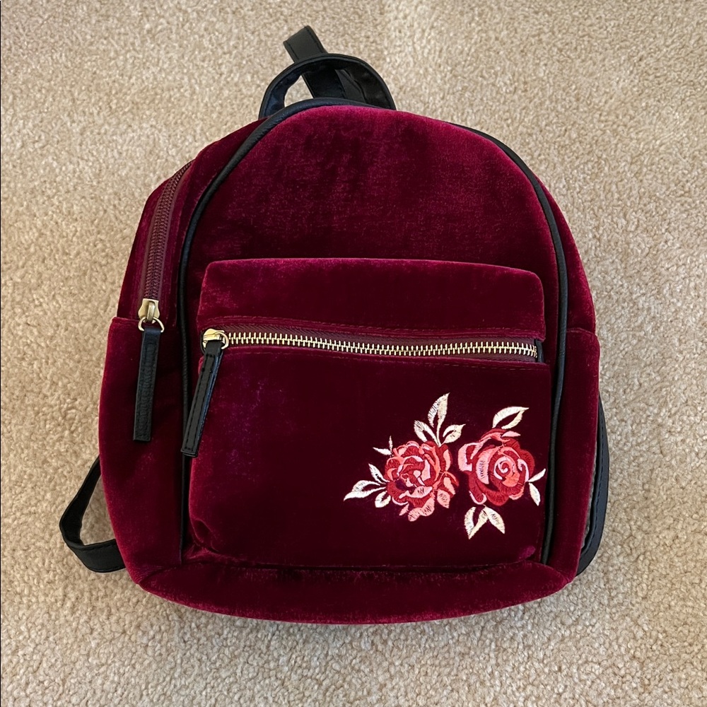 Wine Red Velvet Floral Embroidered Mini Backpack NWOT
